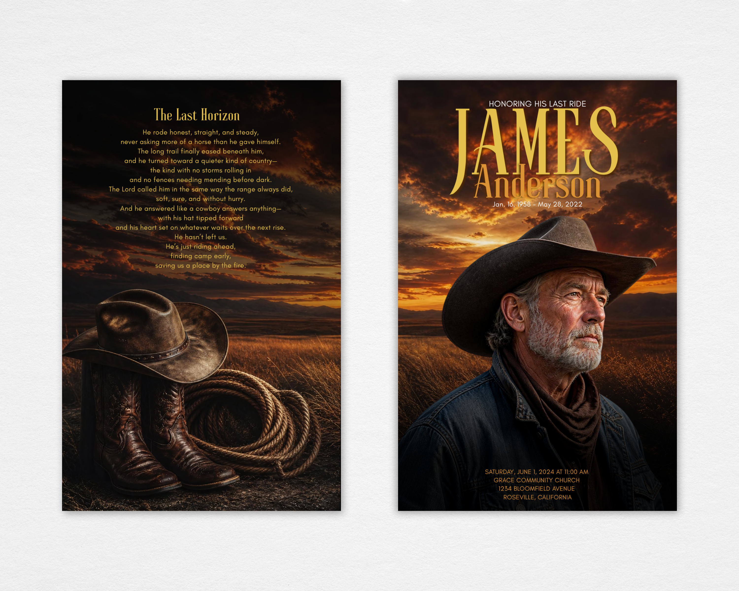 Cowboy funeral program template Open Range — front and back cover flat lay showing prairie sunset portrait and poem page with cowboy hat, boots, and rope