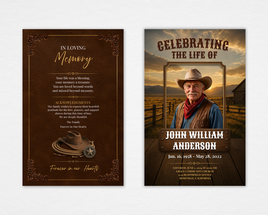 Cowboy Rides Away funeral program template — bifold flat lay showing front cover with dramatic golden sunset, western ranch landscape, cowboy portrait photo frame, and bold western typography; back cover with deep brown leather texture, gold ornate scroll borders, cowboy hat and lasso motif, and In Loving Memory script