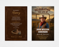 Cowboy Rides Away funeral program template — bifold flat lay showing front cover with dramatic golden sunset, western ranch landscape, cowboy portrait photo frame, and bold western typography; back cover with deep brown leather texture, gold ornate scroll borders, cowboy hat and lasso motif, and In Loving Memory script