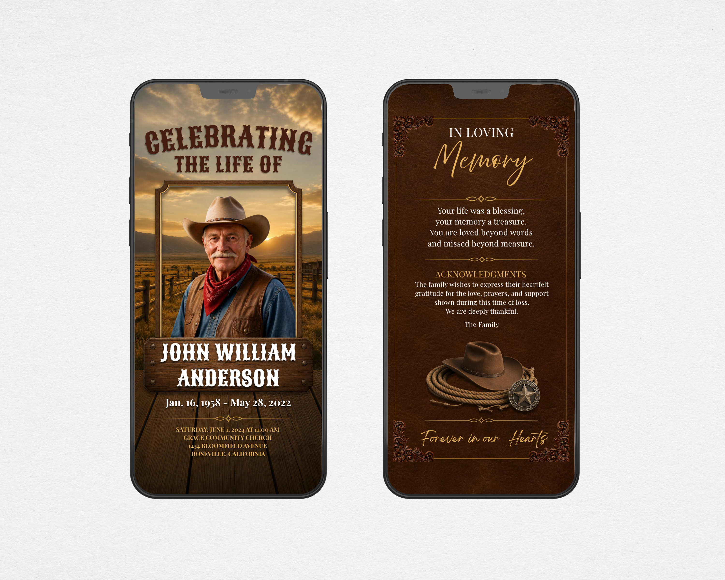 Cowboy Rides Away digital funeral program template — animated MP4 version showing the western design with deep brown leather tones, gold scroll borders, and bold cowboy typography, optimized for sharing on social media, via text, or email