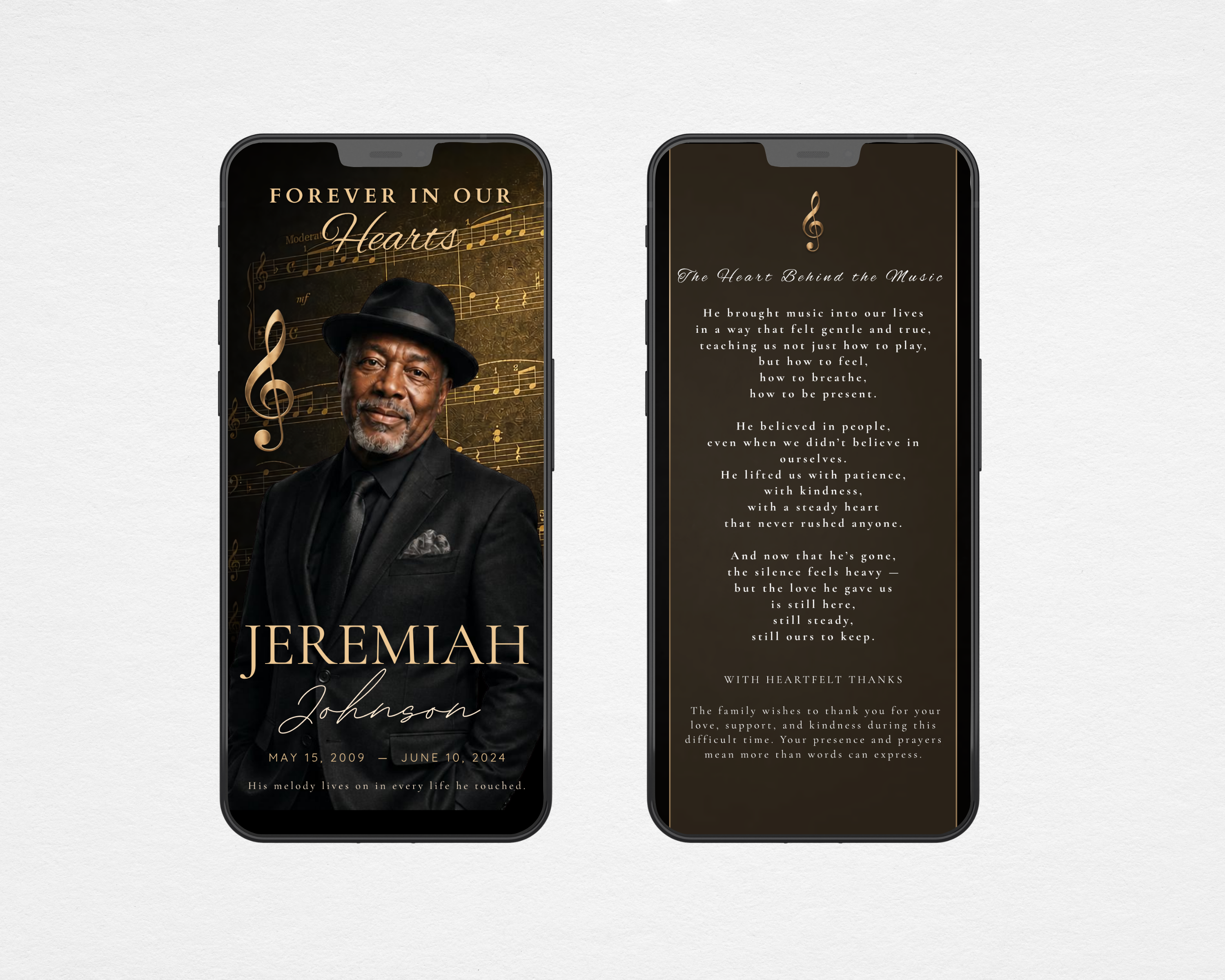 Music funeral program template digital version displayed on two phones — front cover with gold treble clef, sheet music background, portrait photo placeholder, name in serif and script, and back cover with tribute poem "The Heart Behind the Music" and acknowledgment section