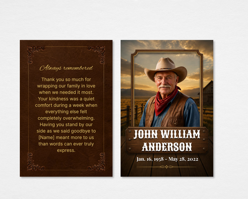 Cowboy Rides Away western cowboy memorial thank you card — Canva editable template