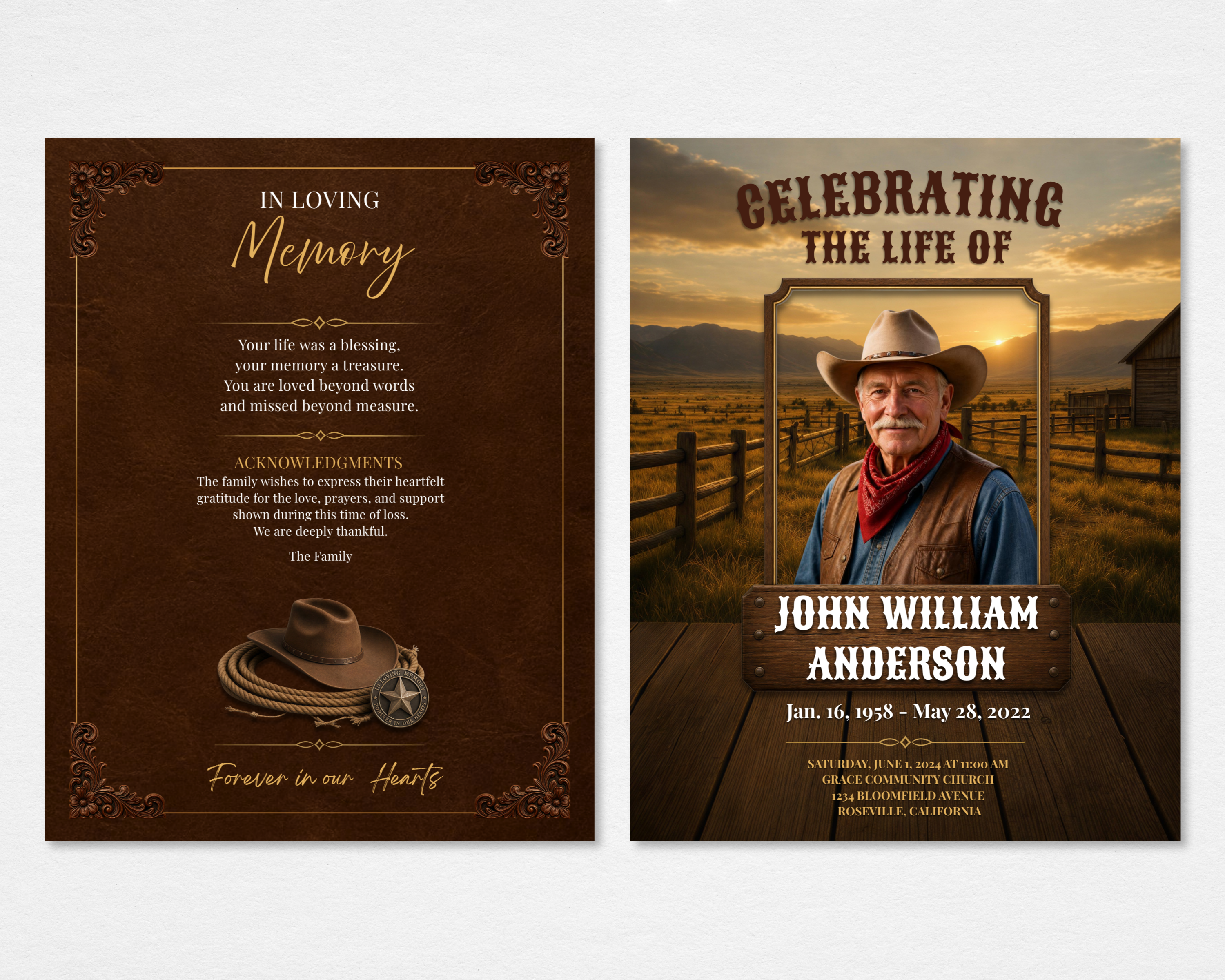 Cowboy Rides Away western funeral program template — Canva editable instant download
