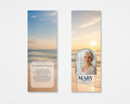 Golden Tide Memorial Bookmark template mockup showing front and back sides — beach sunset background with arched photo frame, navy typography, and poem on back