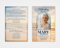 Golden Tide beach funeral program template — flat mockup showing front cover with navy and teal arched photo frame, Celebrating the Life Of script header, bold navy name typography, and back page with If I Should Go Tomorrow poem and family acknowledgment text on warm sunset beach background