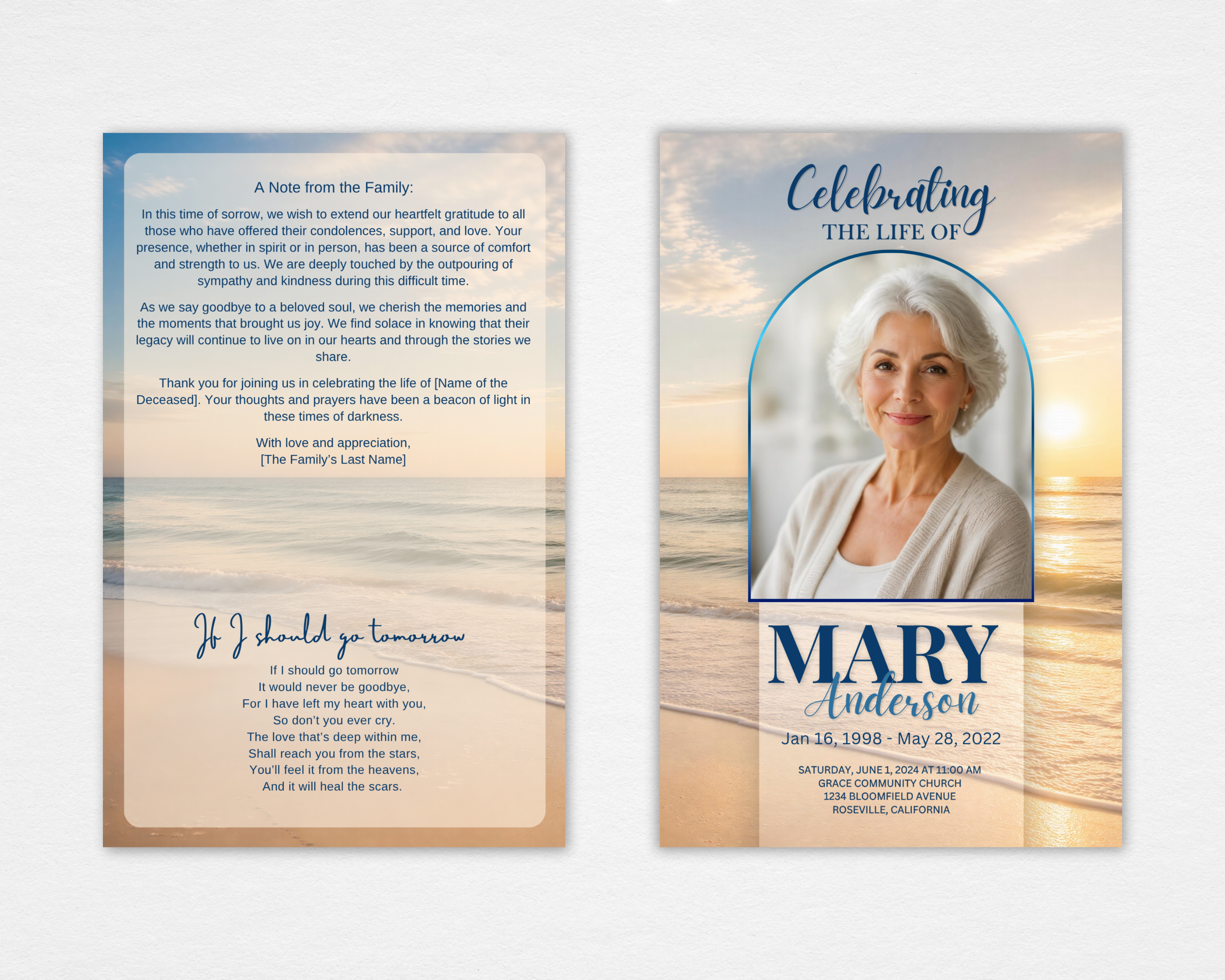 Golden Tide beach funeral program template — flat mockup showing front cover with navy and teal arched photo frame, Celebrating the Life Of script header, bold navy name typography, and back page with If I Should Go Tomorrow poem and family acknowledgment text on warm sunset beach background