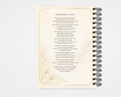 Called Home to Glory memorial guest book back cover — cream background with white lily illustration, gold border frame, and original poem — Standard size