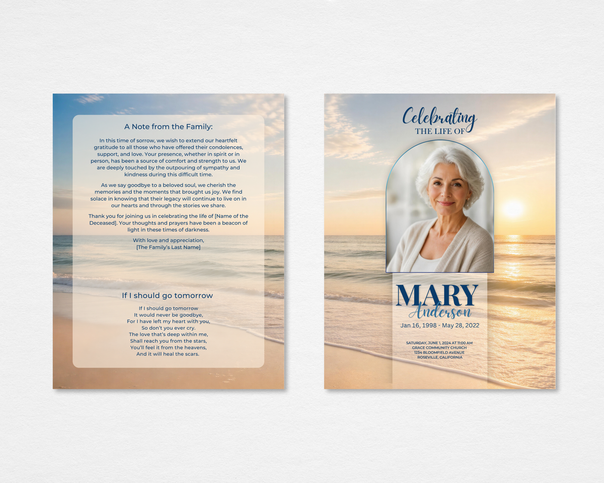 Golden Tide Beach funeral program front and back — warm golden ocean sunset background, arched portrait frame, navy blue Celebrating the Life Of script header, If I Should Go Tomorrow poem and family note back page (tabloid)