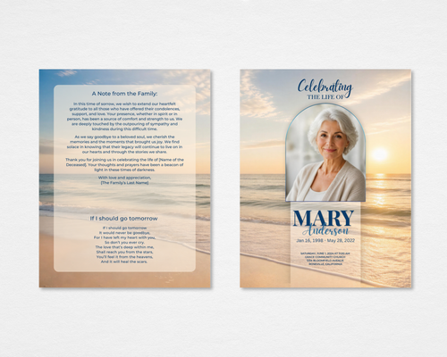 Golden Tide Beach funeral program front and back — warm golden ocean sunset background, arched portrait frame, navy blue Celebrating the Life Of script header, If I Should Go Tomorrow poem and family note back page (tabloid)
