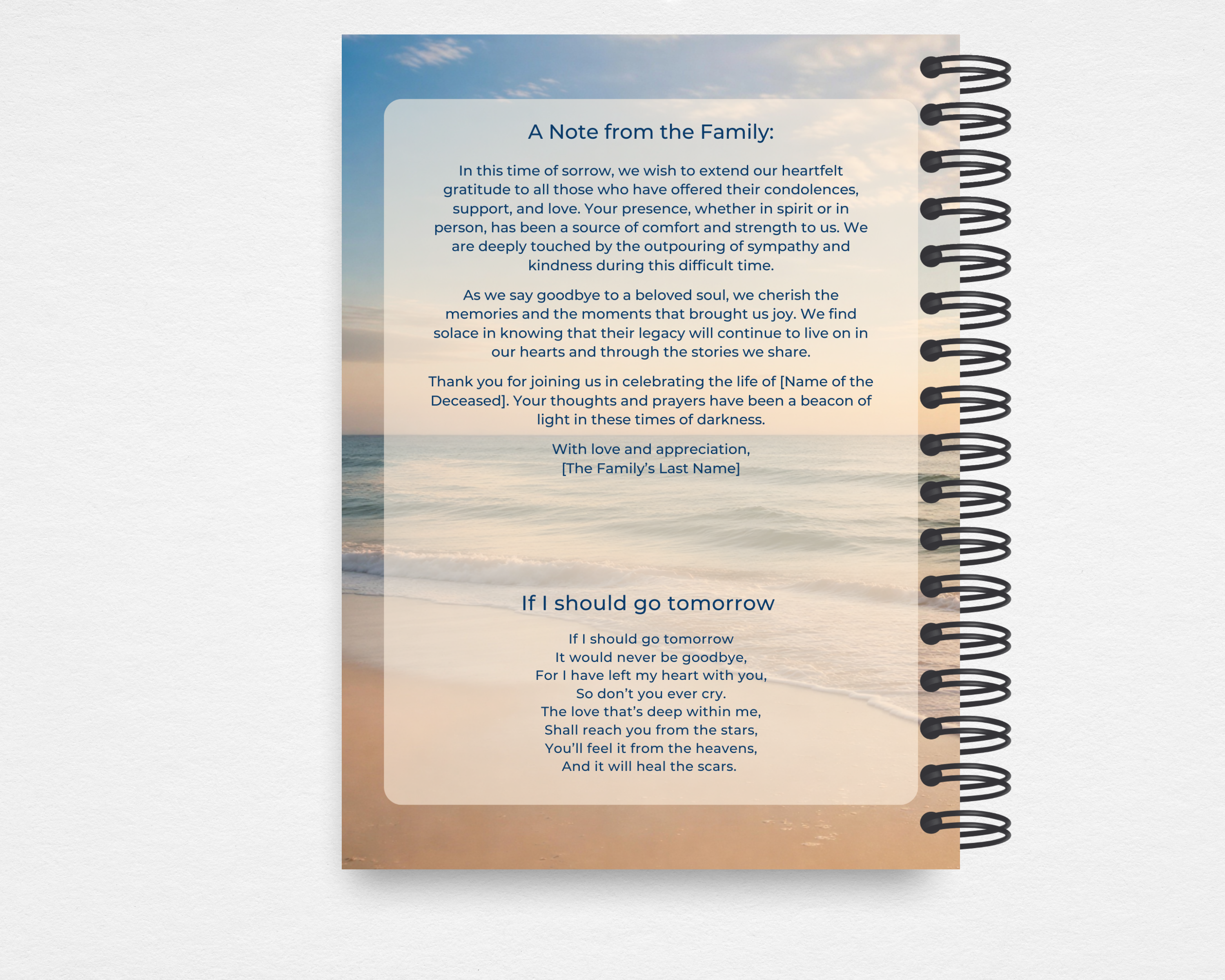 Golden Tide memorial guest book back cover in coastal sunset palette of ocean blue, sandy gold, and soft peach — editable Canva template