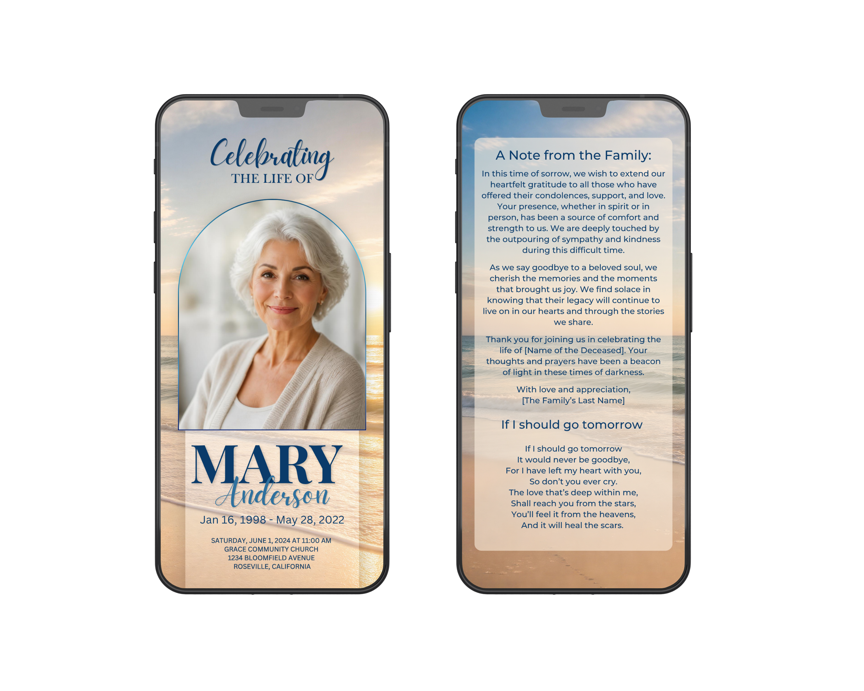 Golden Tide beach funeral program template shown on two mobile phones — cover page with arched photo frame and Celebrating the Life Of header on left, interior acknowledgment and If I Should Go Tomorrow poem page on right, warm coastal sunset background throughout