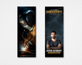 Steel & Gold memorial bookmark template — dark industrial design with welder photo background on front and bold gold "In Loving Memory" typography on back, editable in Canva