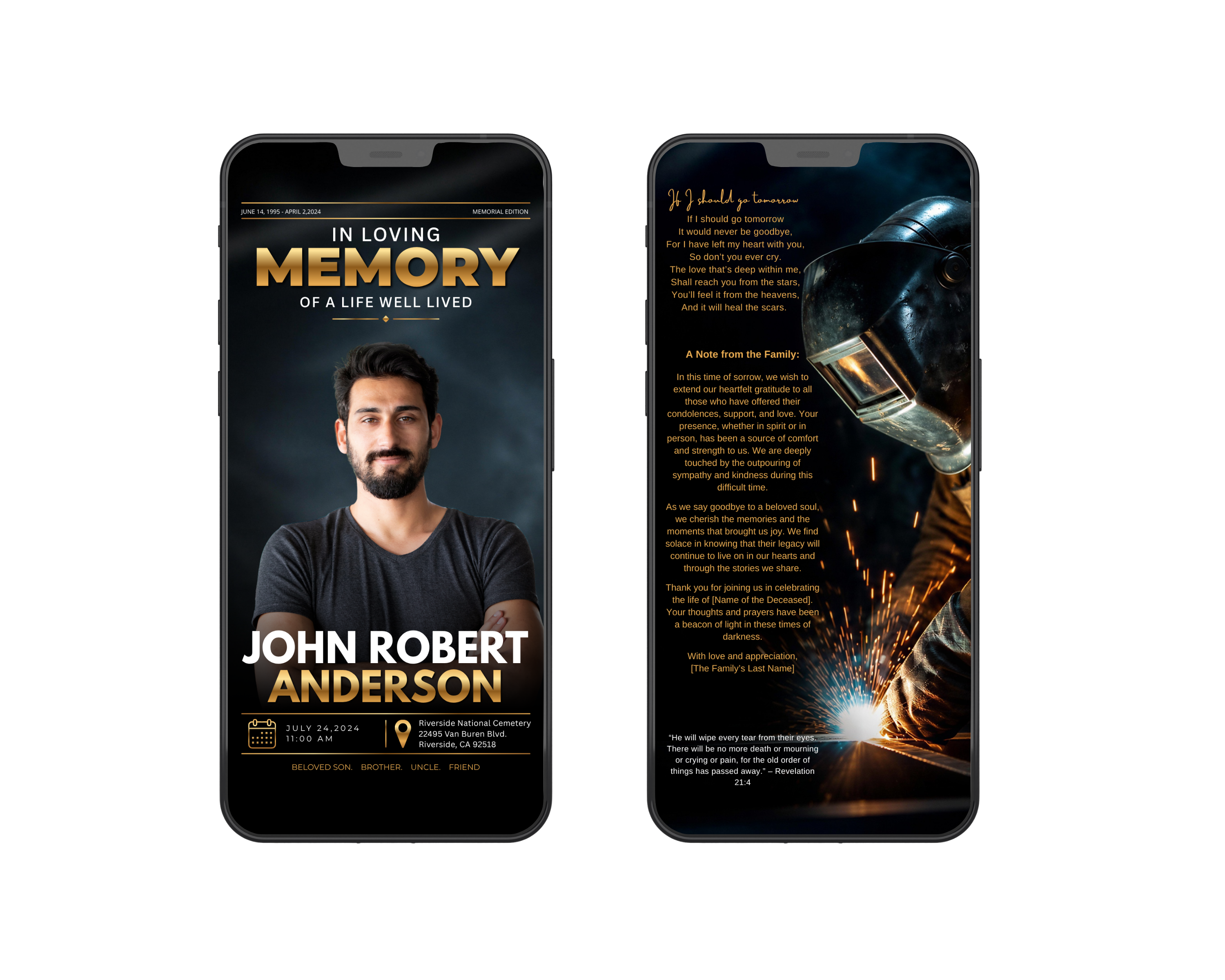 Steel & Gold welder funeral program template shown on mobile — digital version displaying front cover with gold typography and welder background on screen, designed for sharing as MP4 on phones, social media, text, and email