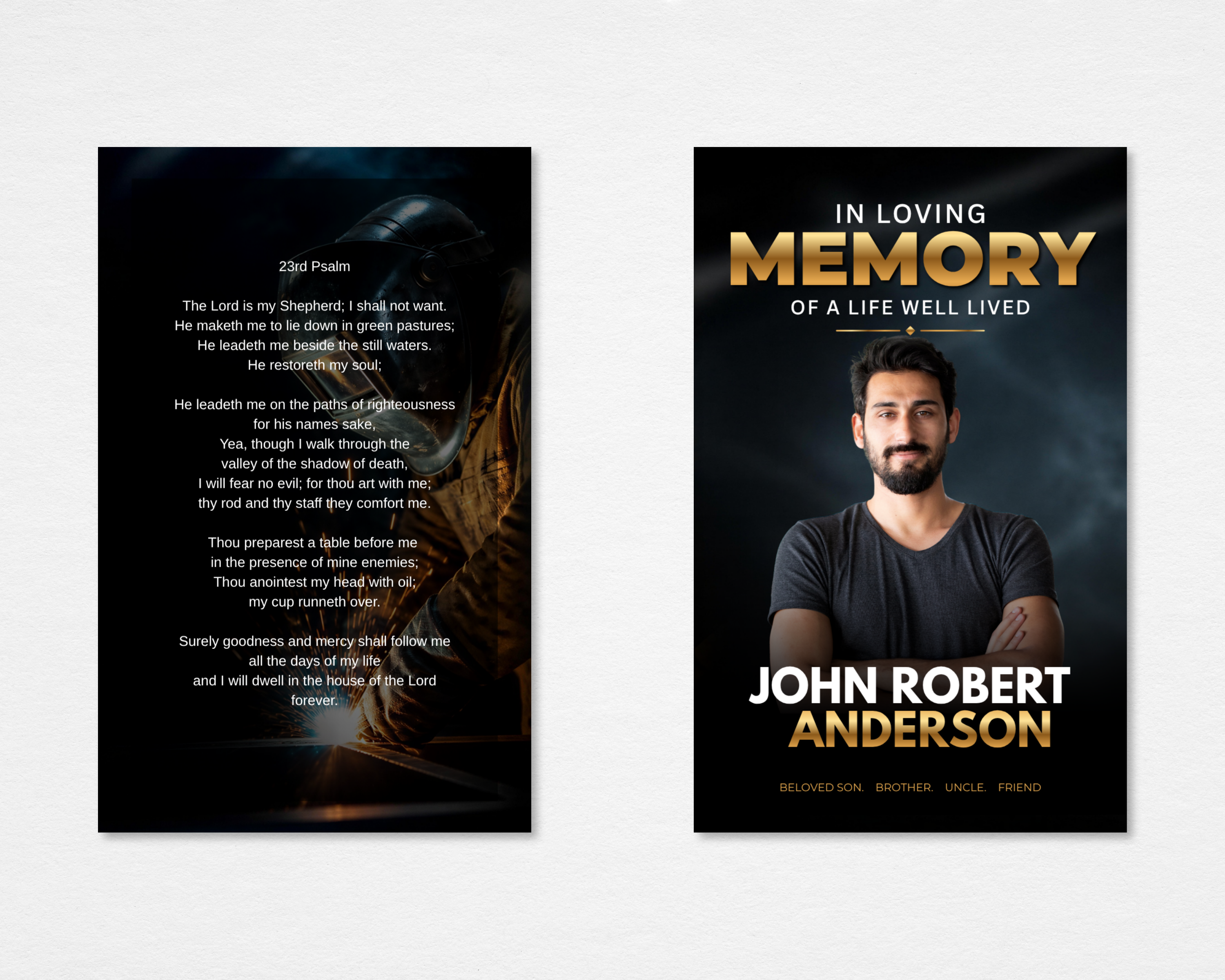 Steel & Gold memorial prayer card template — front shows dark industrial welder design with bold gold "In Loving Memory" typography and editable name; back shows 23rd Psalm on welder background, editable in Canva