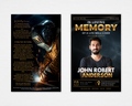 Steel & Gold welder funeral program template — flat mockup showing front cover with dark smoky welder background, bold gold MEMORY typography, In Loving Memory header, and back page with If I Should Go Tomorrow poem and family acknowledgment note