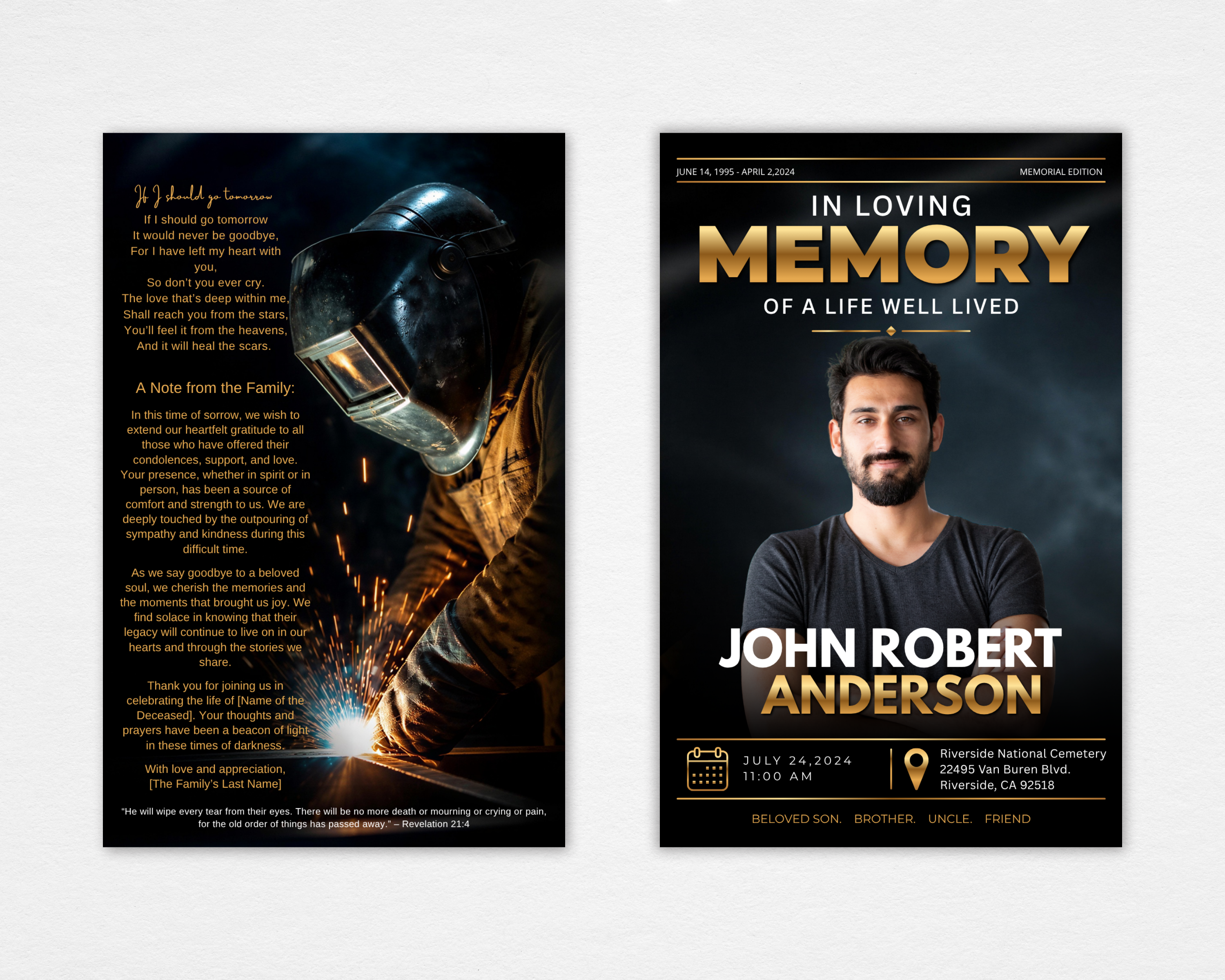 Steel & Gold welder funeral program template — flat mockup showing front cover with dark smoky welder background, bold gold MEMORY typography, In Loving Memory header, and back page with If I Should Go Tomorrow poem and family acknowledgment note