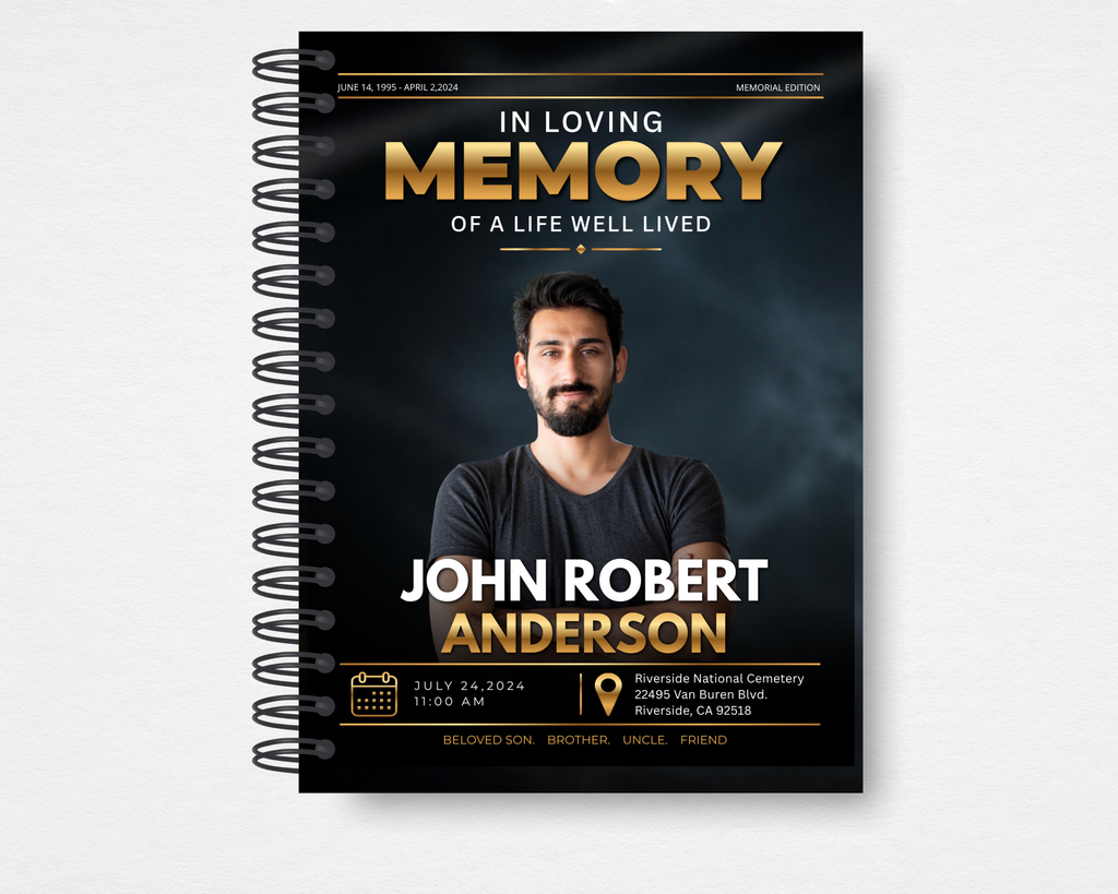 Steel & Gold memorial guest book template front cover — dark smoky background with welder photo, bold gold "In Loving Memory" typography, editable name, dates, and service details in Canva