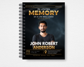 Steel & Gold memorial guest book template front cover — dark smoky background with welder photo, bold gold "In Loving Memory" typography, editable name, dates, and service details in Canva