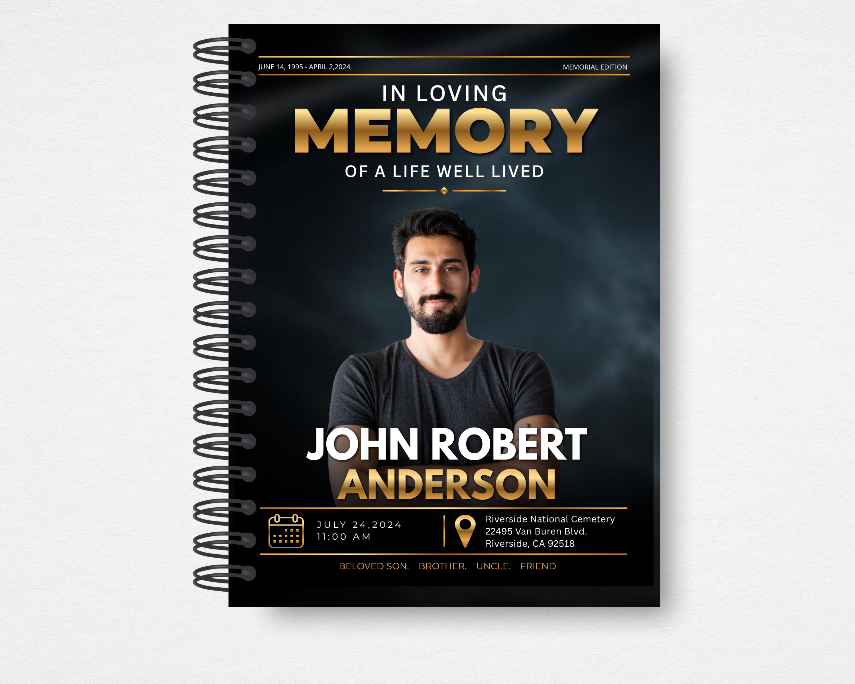 Steel & Gold memorial guest book template front cover — dark smoky background with welder photo, bold gold "In Loving Memory" typography, editable name, dates, and service details in Canva
