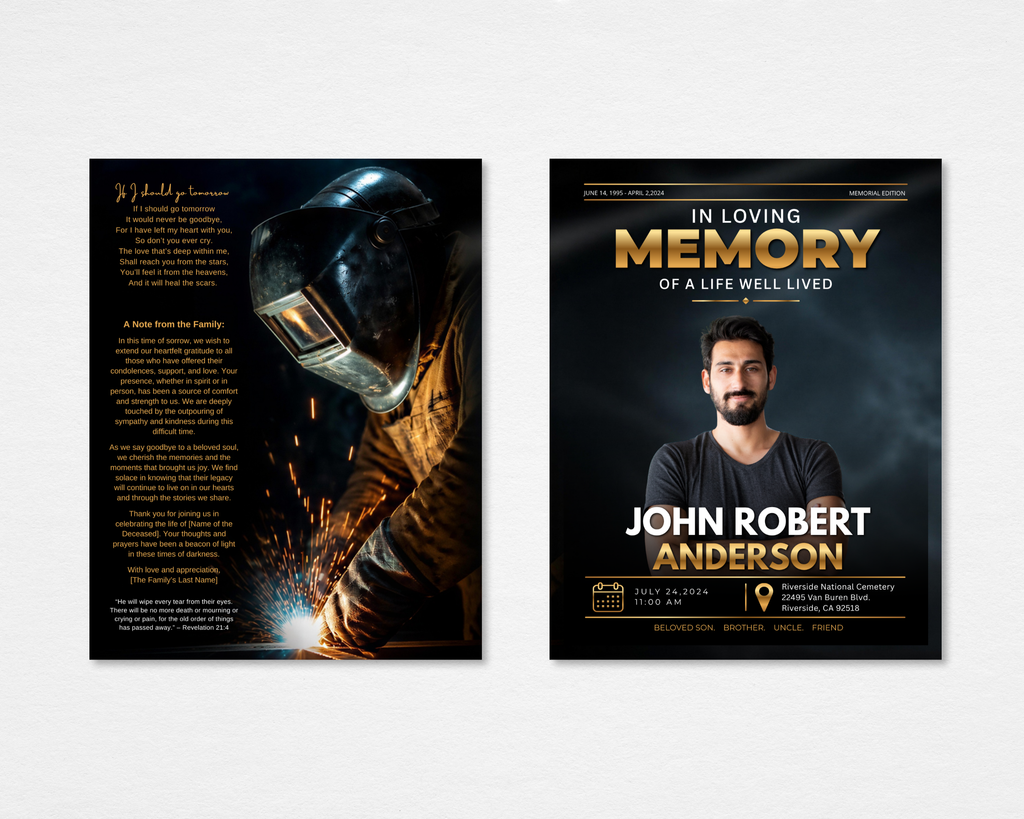 Steel & Gold welder funeral program template — tabloid size, dark industrial design with bold gold MEMORY typography, welder background, and back page with If I Should Go Tomorrow poem and family acknowledgment. Canva editable, instant download.