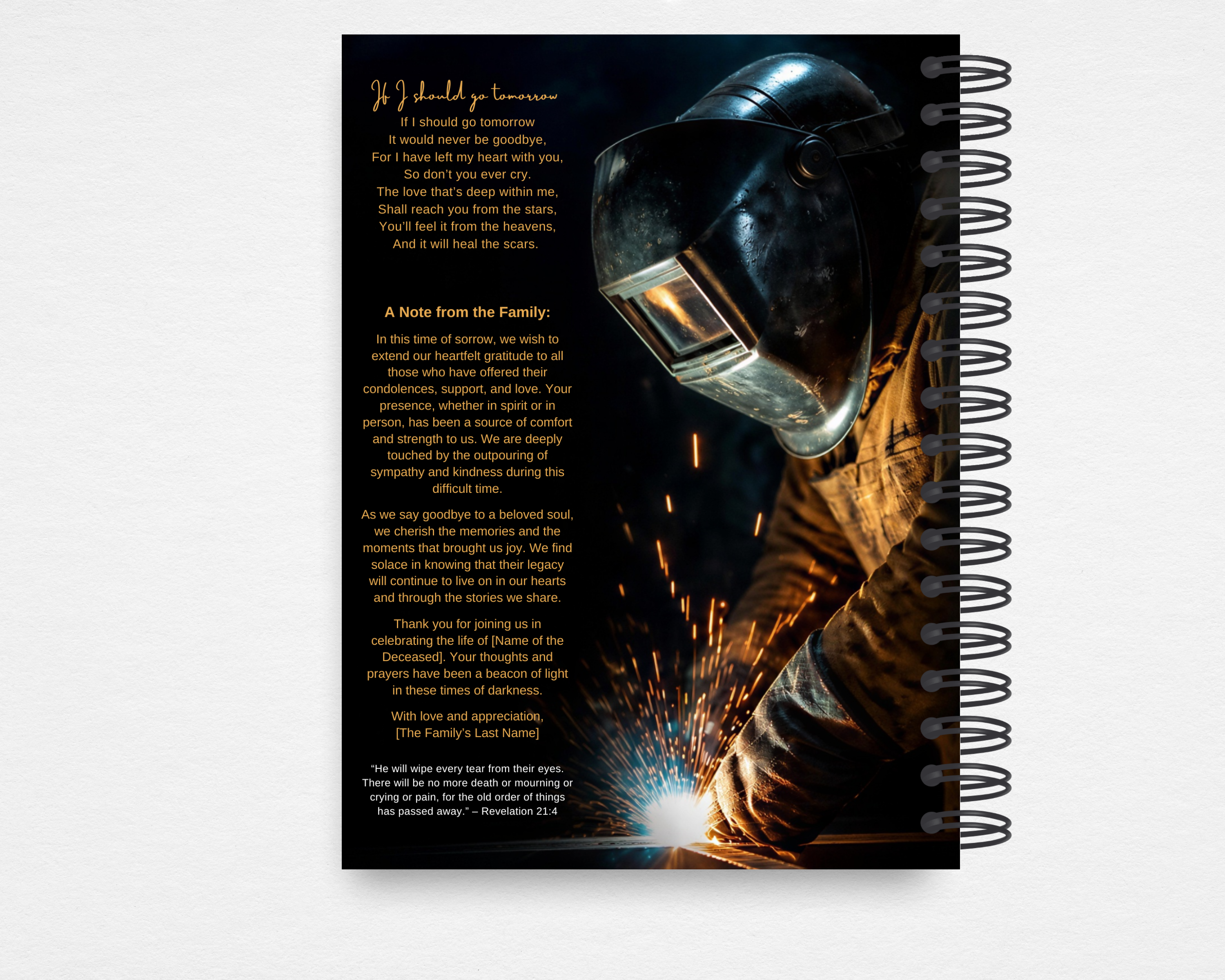 Steel & Gold memorial guest book template back cover — welder background with "If I Should Go Tomorrow" poem, family note section, and Revelation 21:4 scripture, editable in Canva