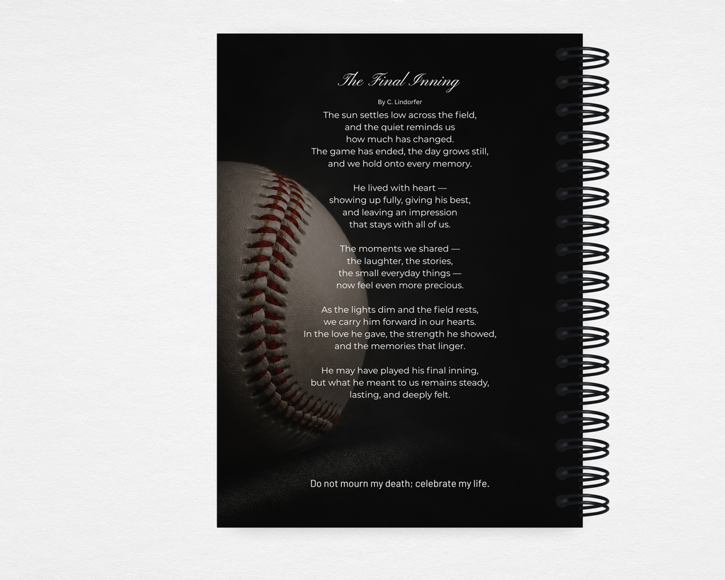 Final Inning baseball memorial guest book back cover with The Final Inning poem — Canva editable template