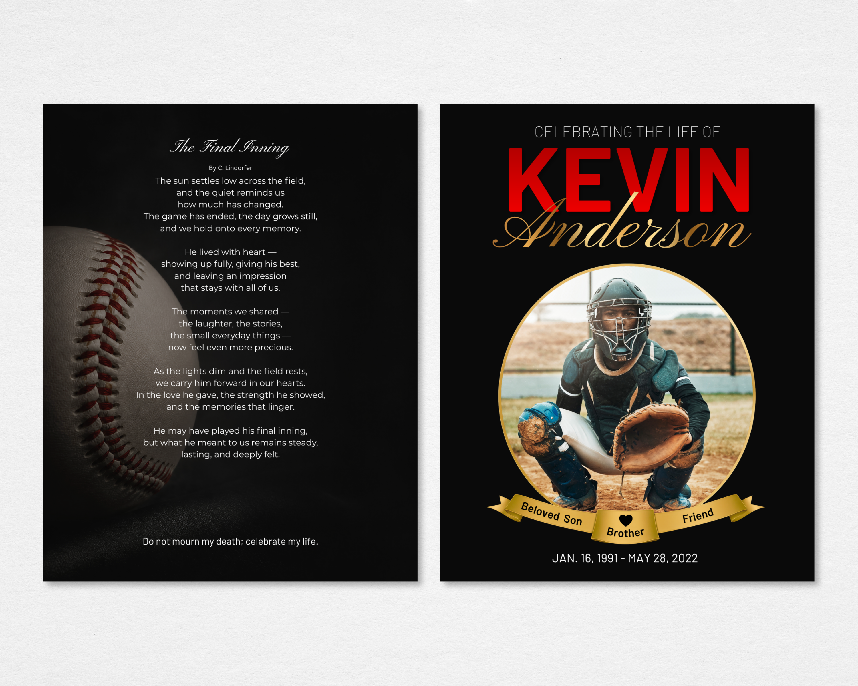 Final Inning baseball funeral program template tabloid size — Canva editable instant download