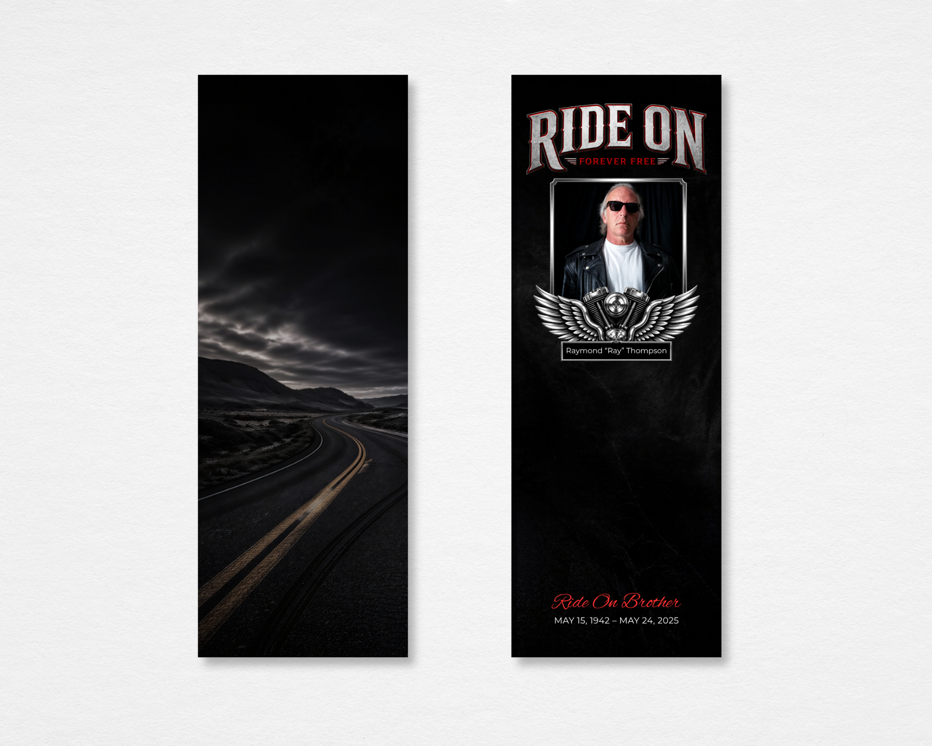 Ride On Brother biker motorcycle memorial bookmark template featuring winged engine emblem — Canva editable instant download