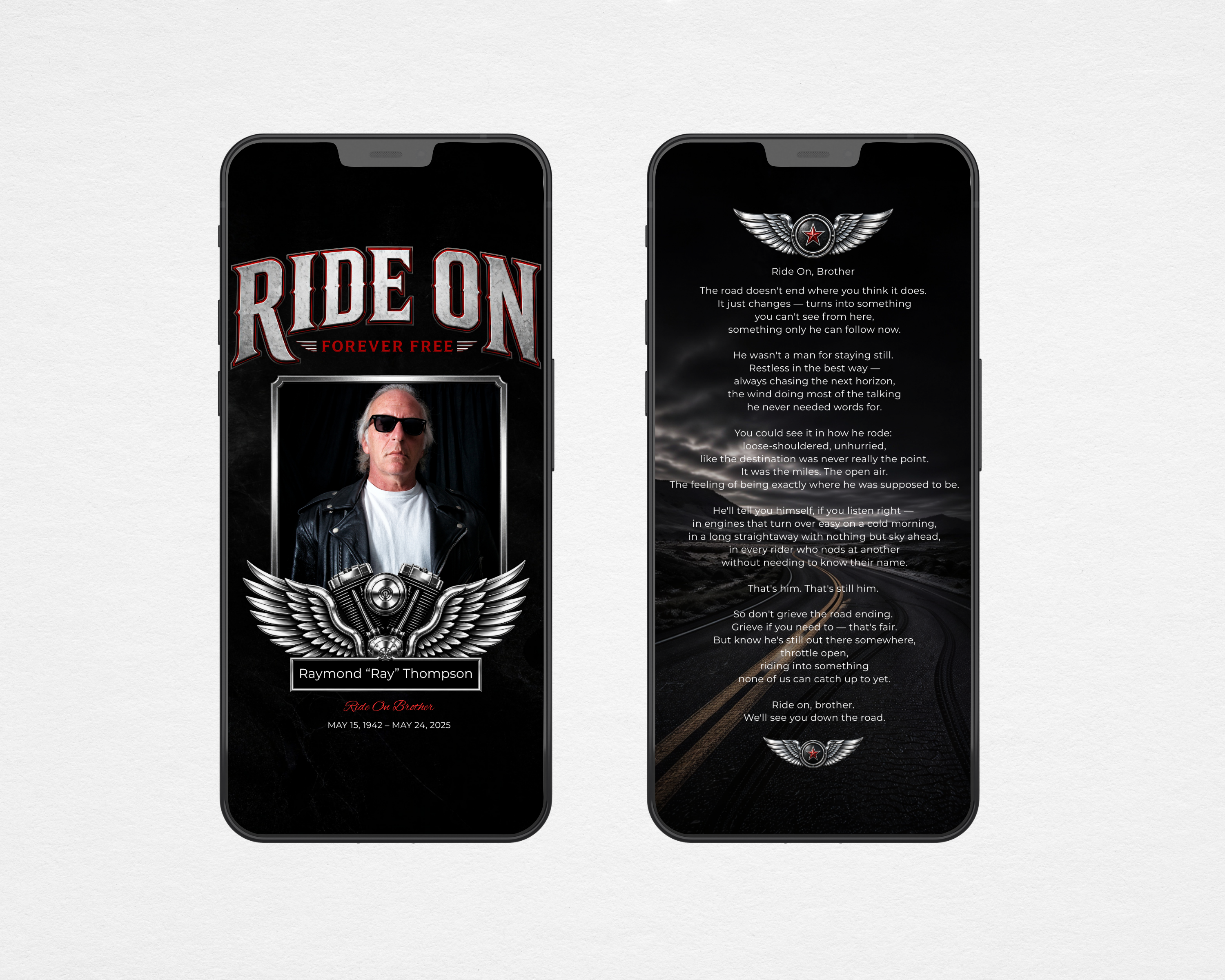 Ride On Brother biker motorcycle tabloid memorial funeral program template — Canva editable instant download