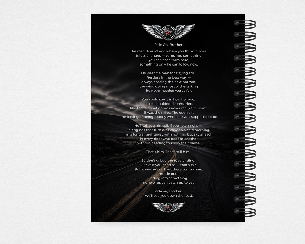 Ride On Brother biker motorcycle funeral guest book template back cover — Canva editable instant download