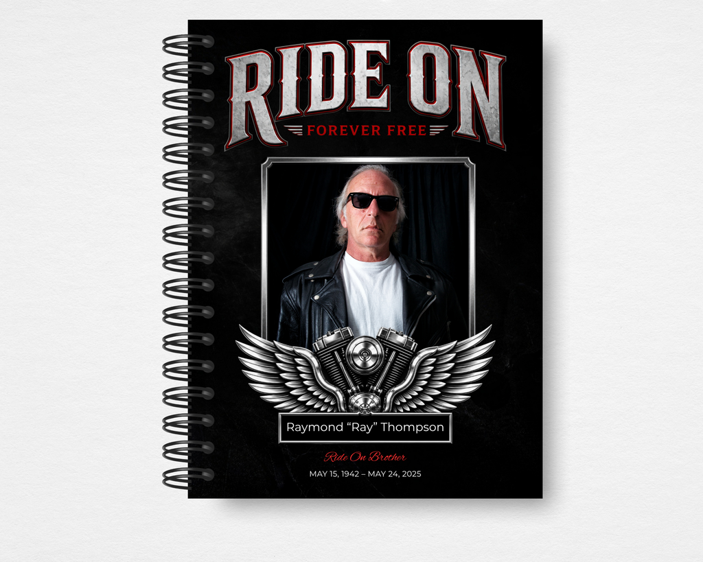 Ride On Brother biker motorcycle funeral guest book template front cover — Canva editable instant download