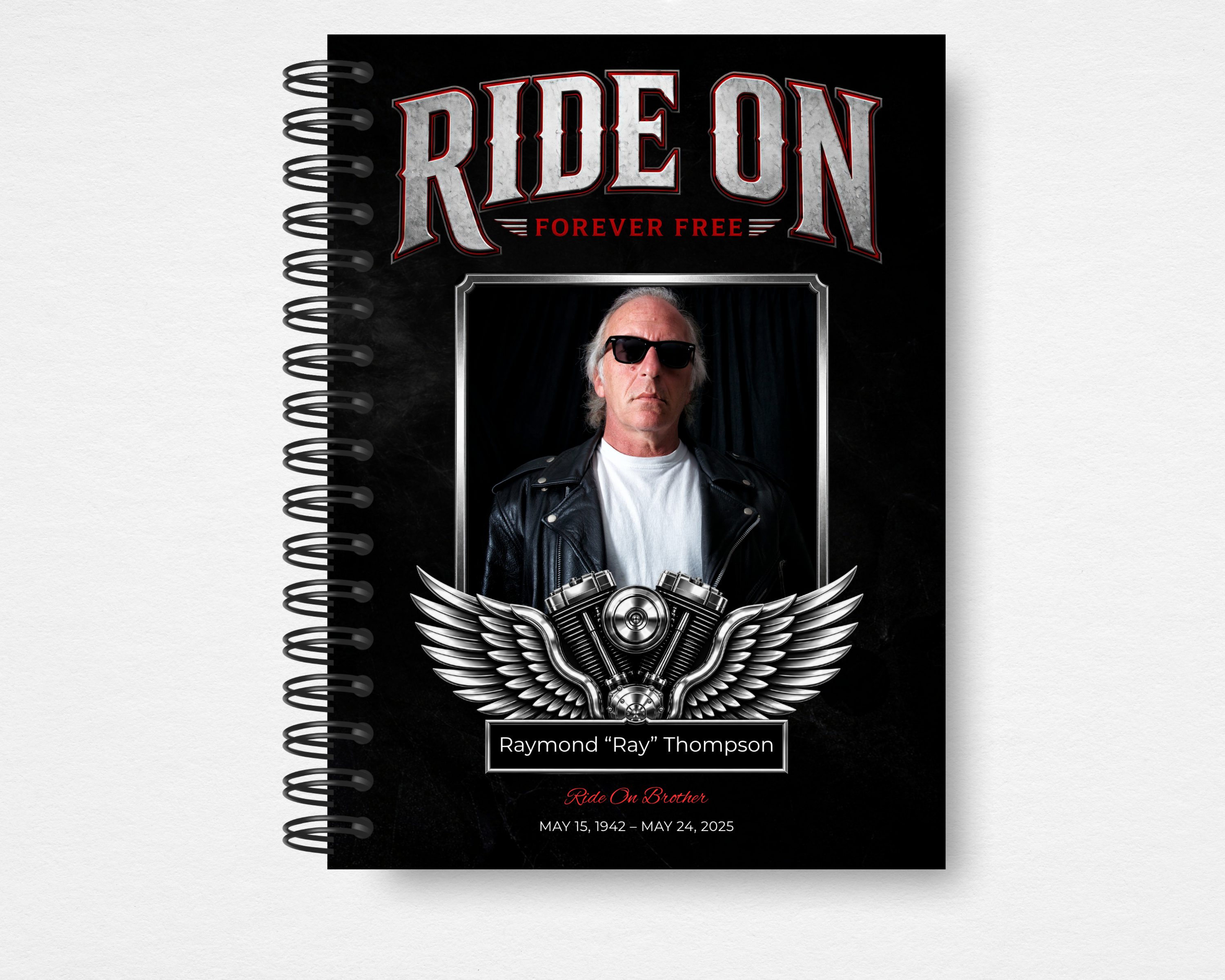 Ride On Brother biker motorcycle funeral guest book template front cover — Canva editable instant download