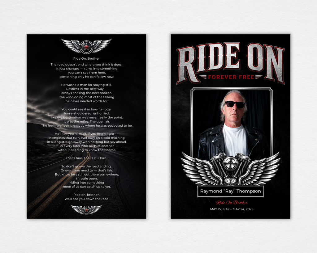 Ride On Brother biker motorcycle memorial funeral program template — Canva editable instant download