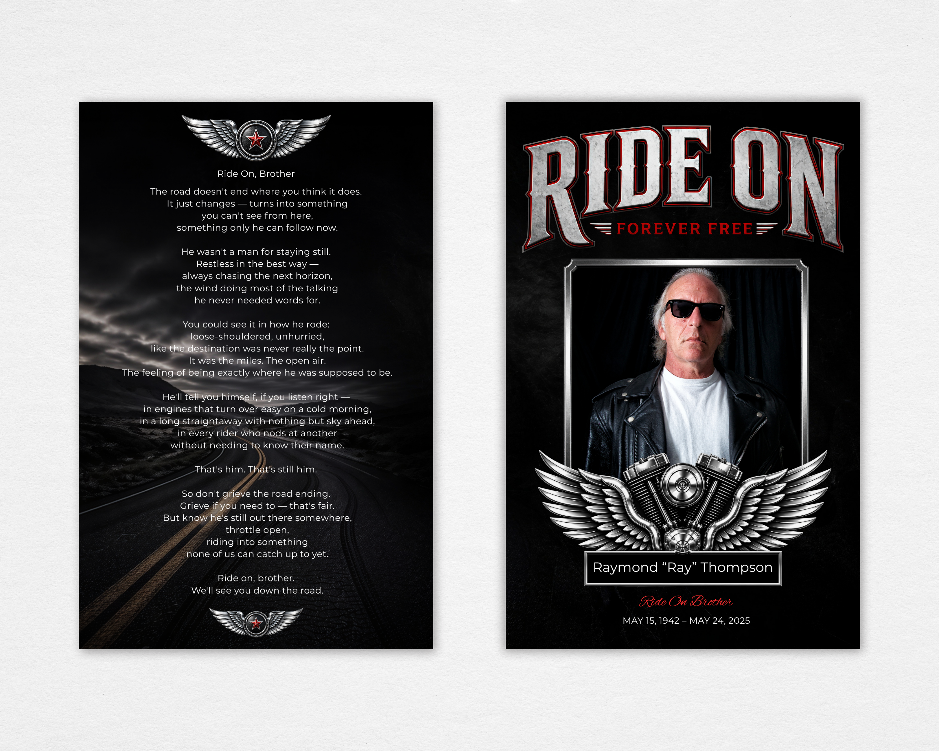 Ride On Brother biker motorcycle memorial funeral program template — Canva editable instant download