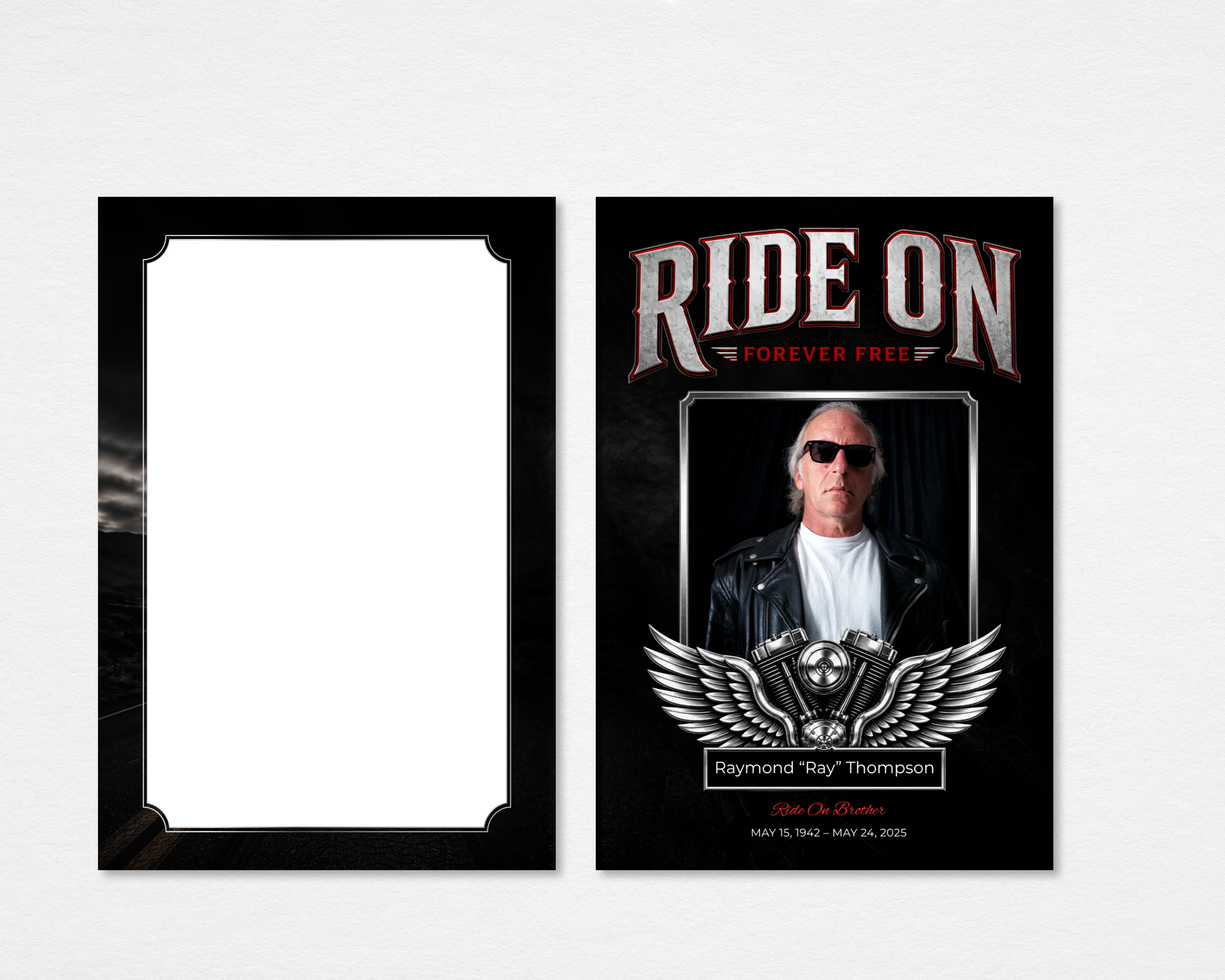 Ride On Brother biker motorcycle memorial thank you card template featuring winged engine emblem — Canva editable instant download