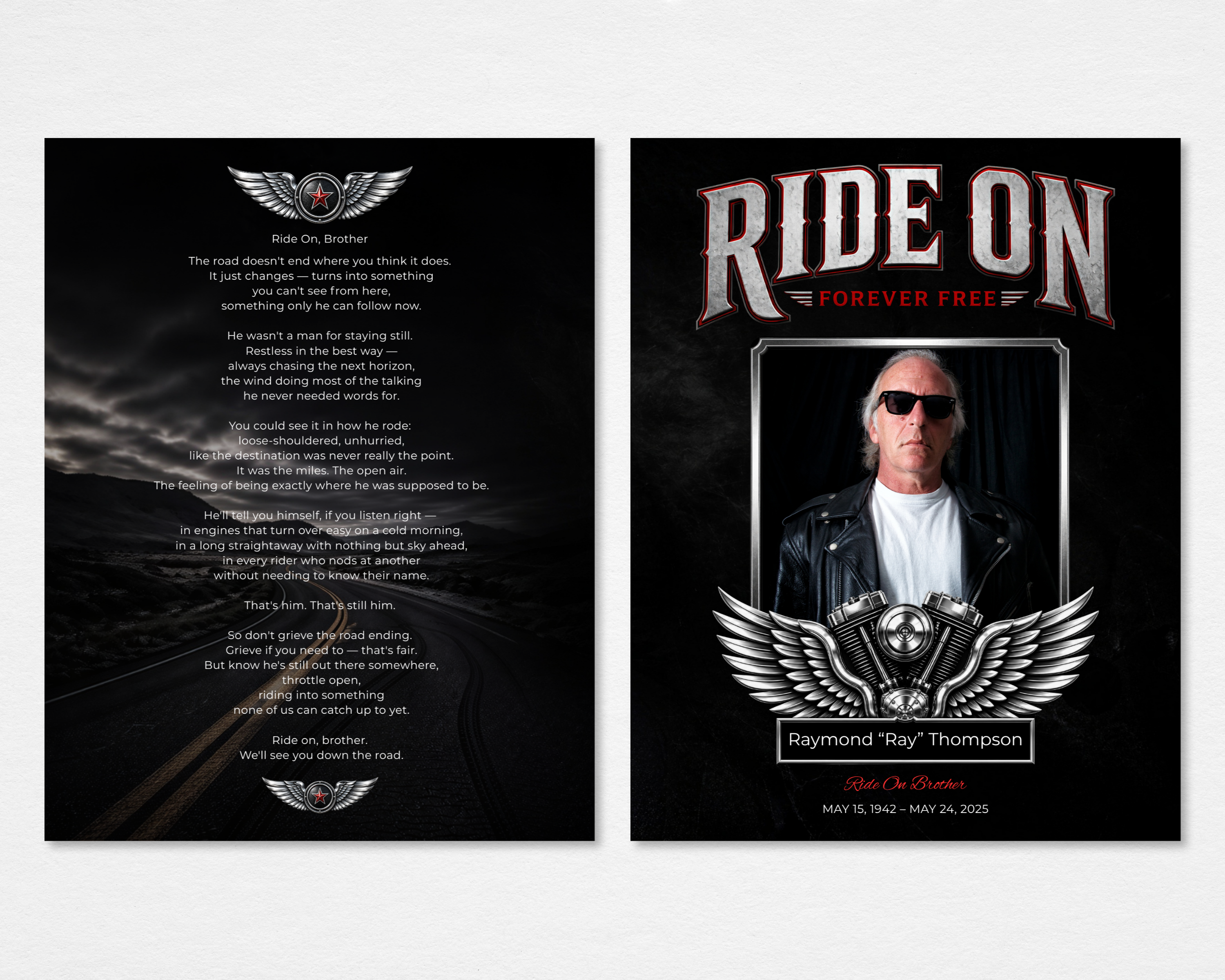 Ride On Brother biker motorcycle digital memorial funeral program template — Canva editable instant download