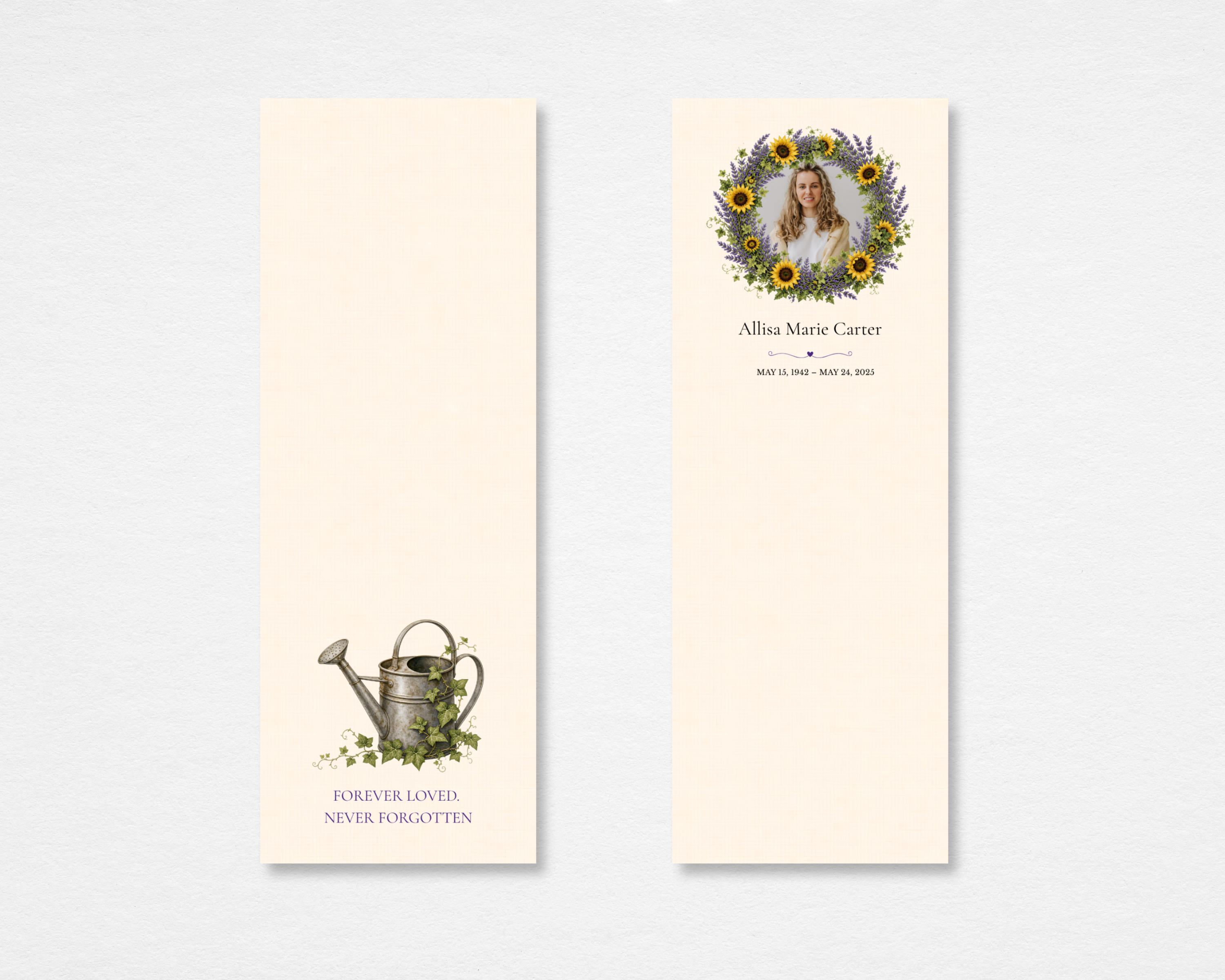 A Life That Bloomed sunflower lavender memorial bookmark template — Canva editable instant download
