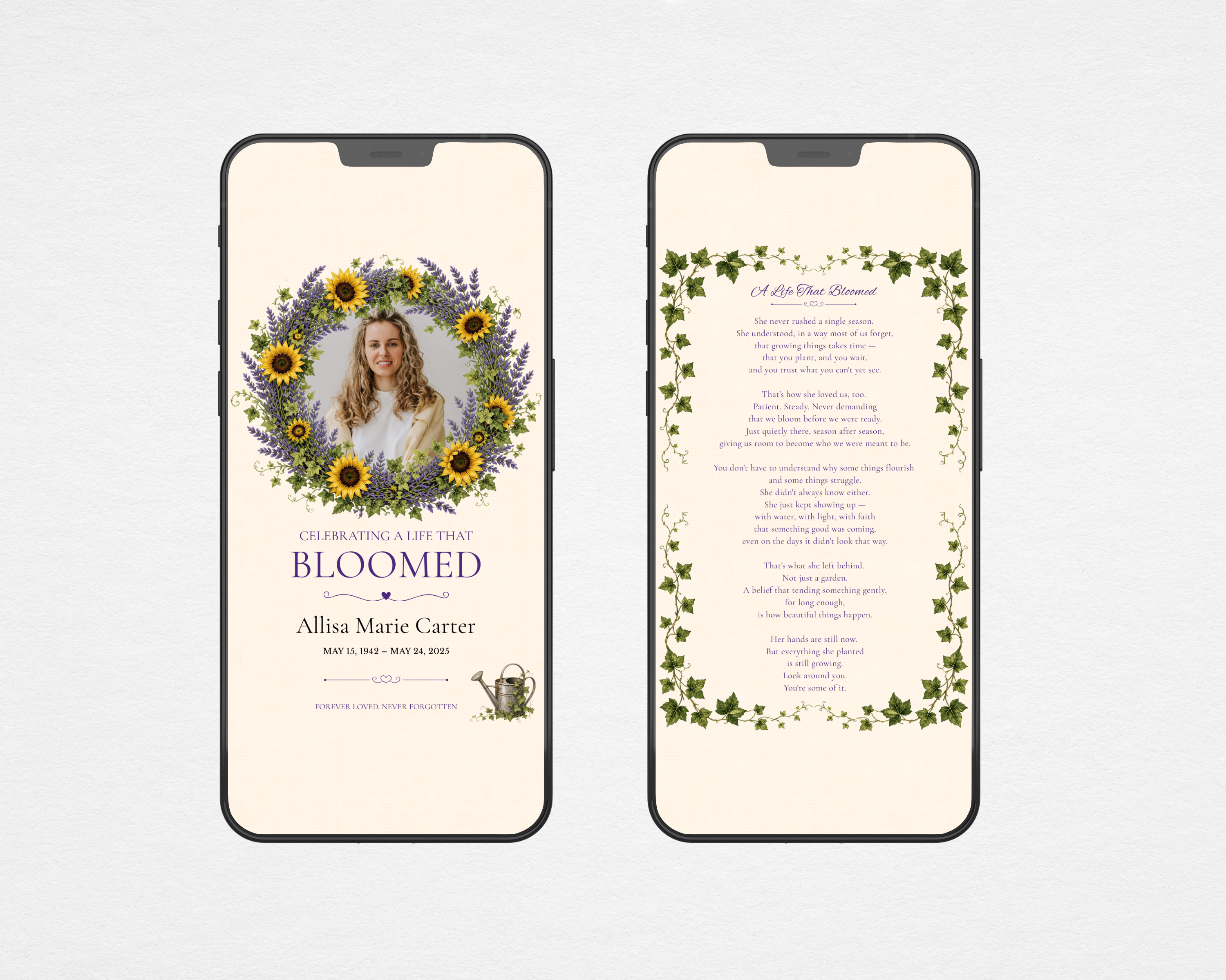 A Life That Bloomed sunflower lavender digital memorial funeral program template — Canva editable instant download