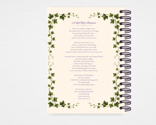A Life That Bloomed memorial guest book interior poem page — ivy border with original poem A Life That Bloomed
