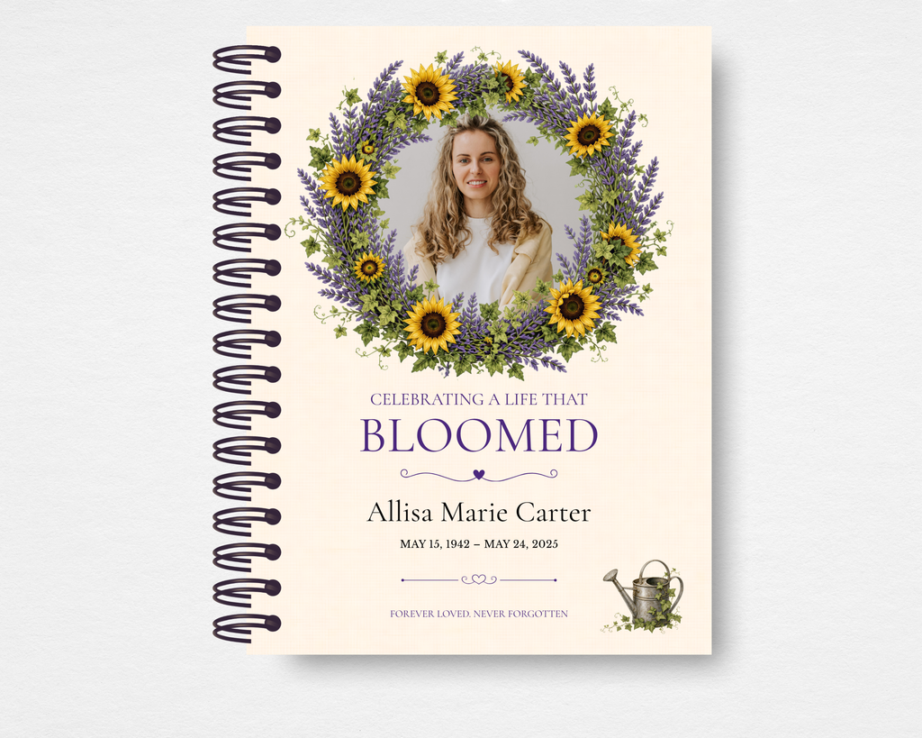 A Life That Bloomed sunflower lavender memorial guest book Canva template — editable Canva design