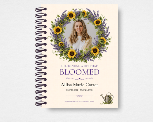A Life That Bloomed sunflower lavender memorial guest book Canva template — editable Canva design