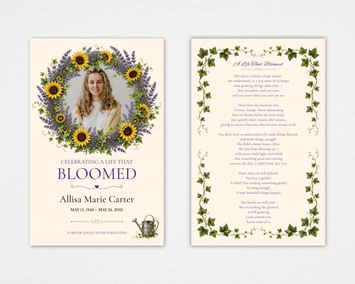 A Life That Bloomed sunflower lavender memorial funeral program template — Canva editable instant download