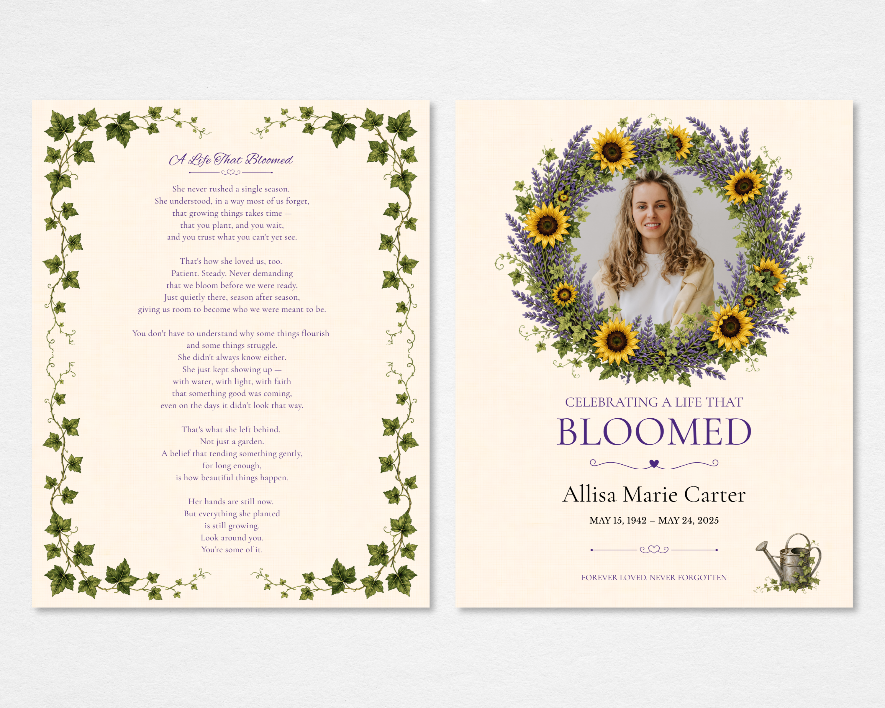 A Life That Bloomed sunflower lavender memorial funeral program template tabloid size — Canva editable instant download