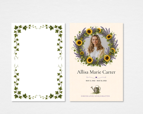 A Life That Bloomed sunflower lavender memorial thank you card template — Canva editable instant download