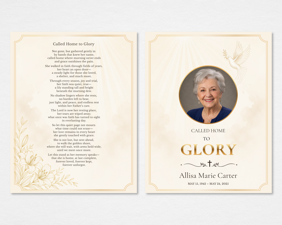 Called Home to Glory funeral program cover — soft cream background, white dove with olive branch, gold circular portrait frame, gold foil GLORY typography, white lily botanicals (tabloid)