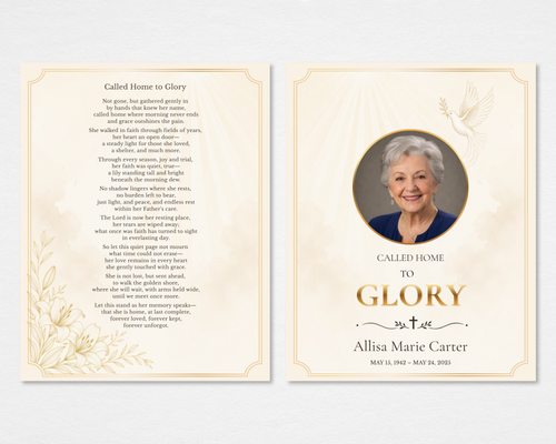 Called Home to Glory funeral program cover — soft cream background, white dove with olive branch, gold circular portrait frame, gold foil GLORY typography, white lily botanicals (tabloid)