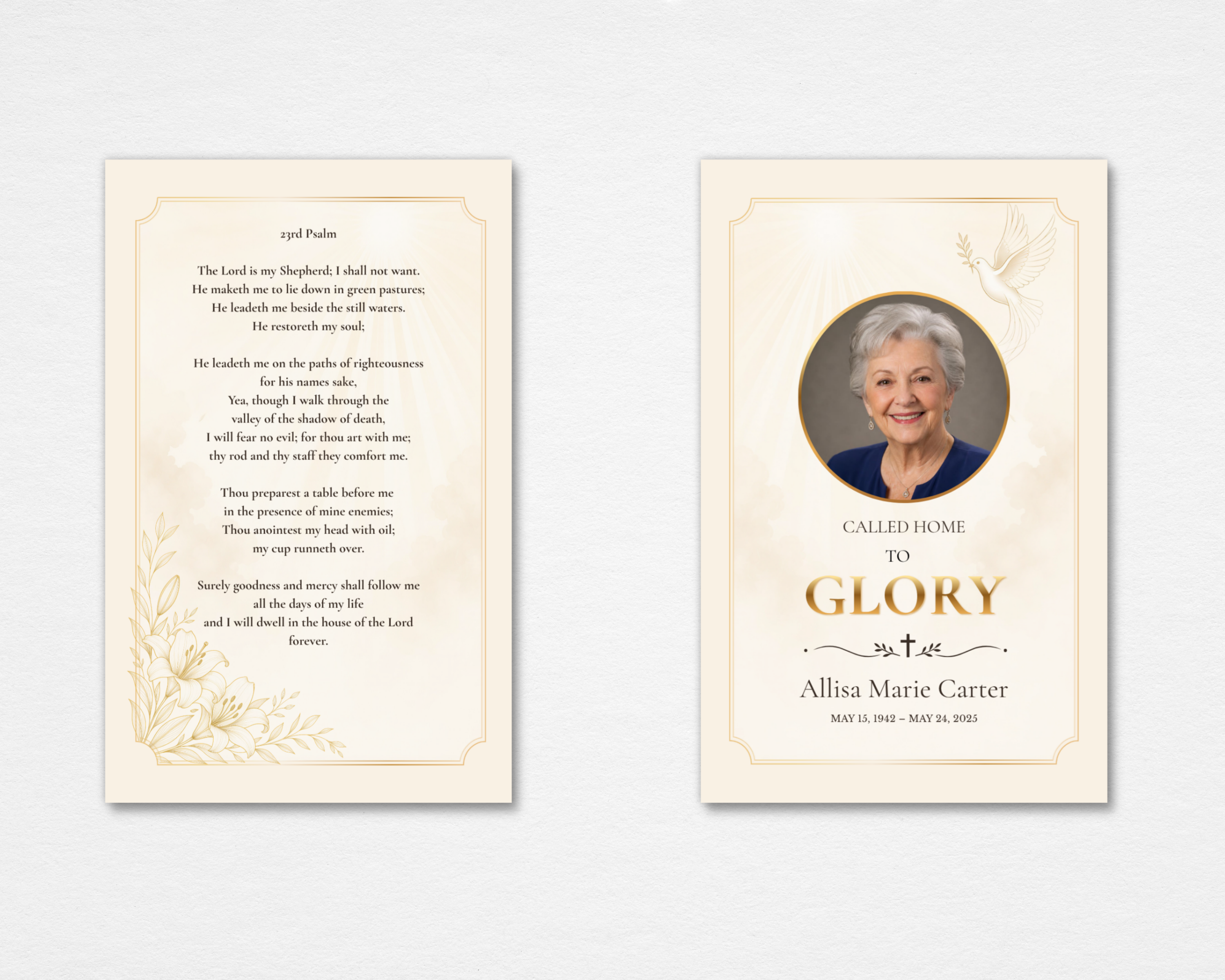 Called Home to Glory Christian dove memorial prayer card template — Canva editable