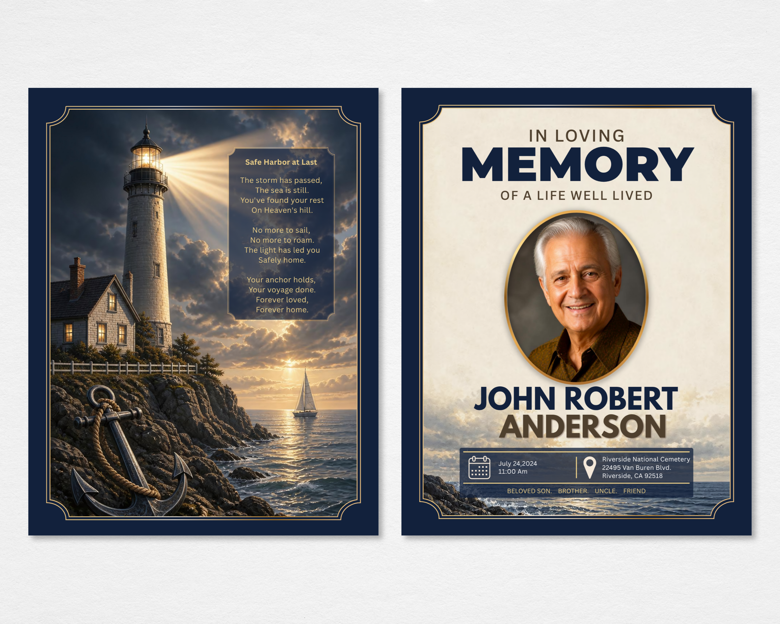 Lighthouse on rocky coastal cliff with stormy sky and golden light rays, sailboat on calm horizon, weathered anchor foreground — The Keeper's Light coastal memorial funeral program template, Tabloid size