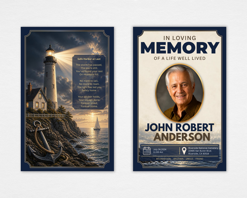 Lighthouse on rocky coastal cliff with stormy sky and golden light rays, sailboat on calm horizon, weathered anchor foreground — The Keeper's Light coastal memorial funeral program template, Standard size