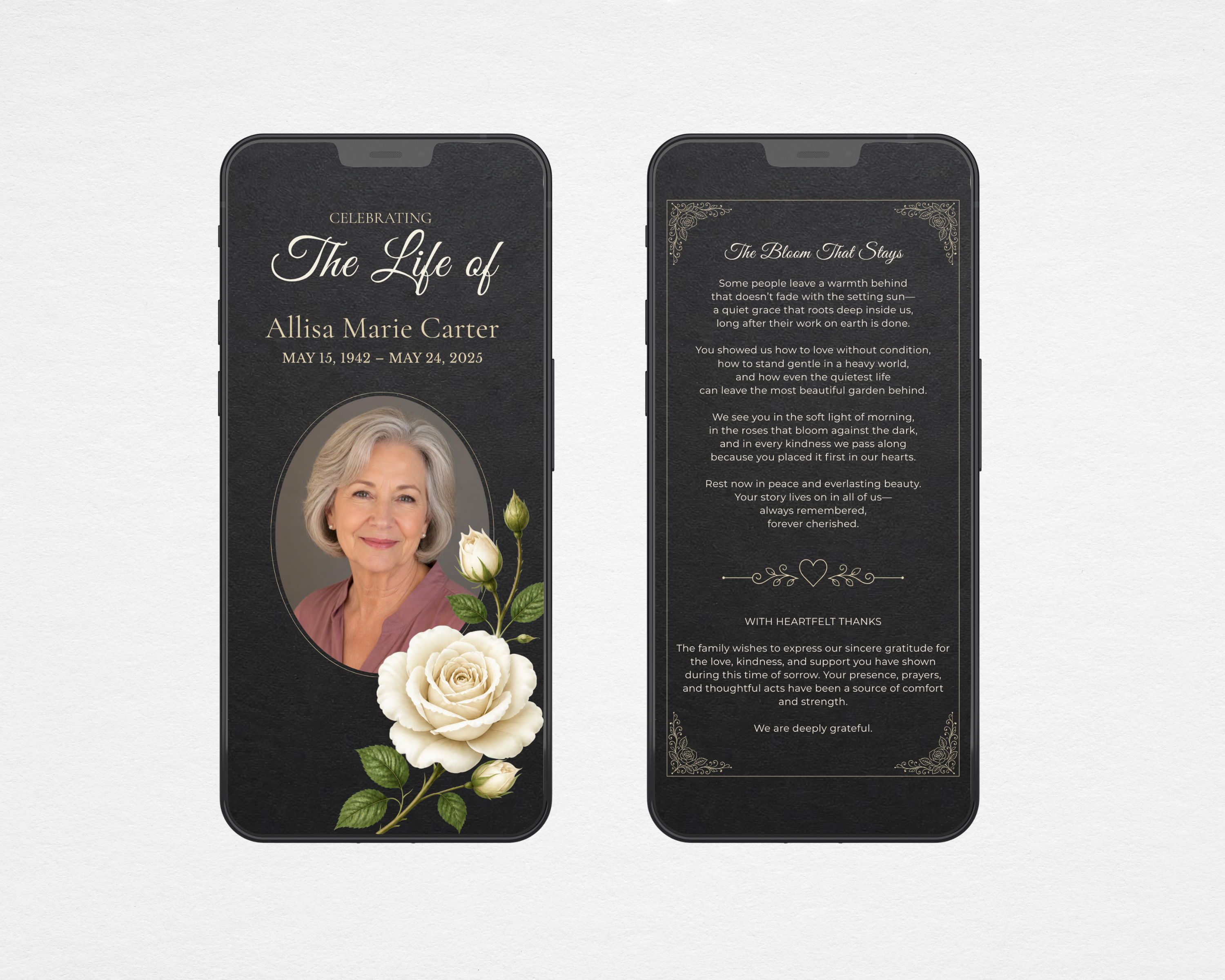 The Bloom That Stays white rose chalkboard funeral program template — digital version shown on phone screens, Canva editable instant download
